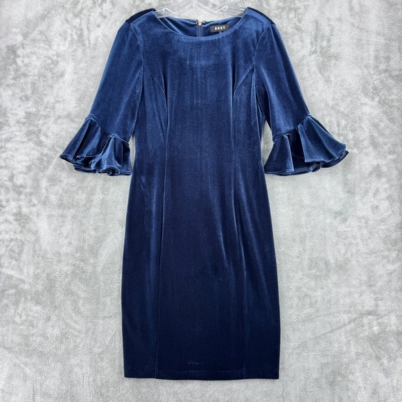 Dkny Dresses & Skirts - DKNY Dress Womens 6 Velvet Bell Sleeve Sheath Evening Event Career Back Zip Navy